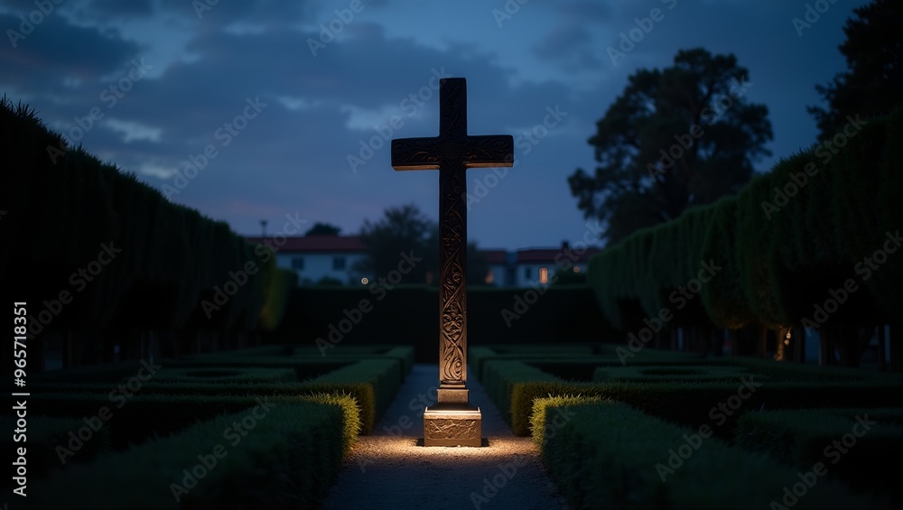 Ebony cross in twilight garden with dramatic sky backdrop illuminated by single spotlight Ebony cross in twilight garden with dramatic sky backdrop illuminated by single spotlight
