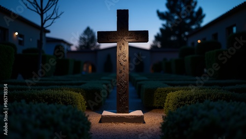 Ebony cross in twilight garden with dramatic sky backdrop illuminated by single spotlight photo