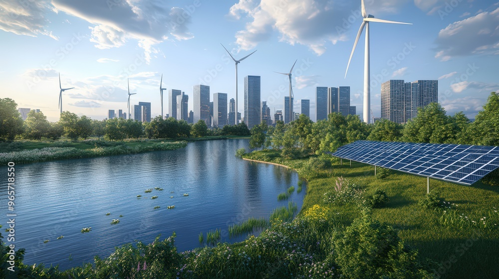 Fototapeta premium A modern city skyline adorned with green energy solutions, including solar panels and wind turbines, set amidst lush greenery