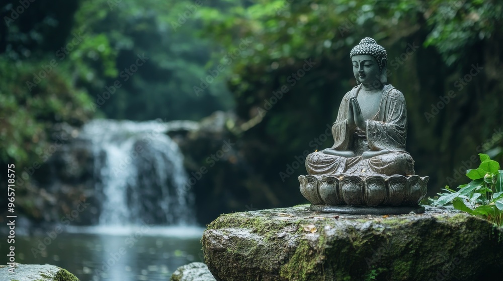 A serene religious sculpture in a natural setting, symbolizing peace and spirituality. A serene religious sculpture in a natural setting, symbolizing peace and spirituality.