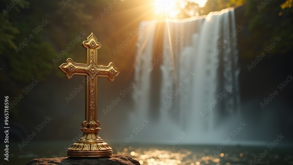 Majestic gold cross in misty waterfall radiant rainbow glow divine tranquility Majestic gold cross in misty waterfall radiant rainbow glow divine tranquility