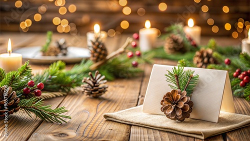 Elegant Christmas cards decorated with pinecones and greenery on a rustic table