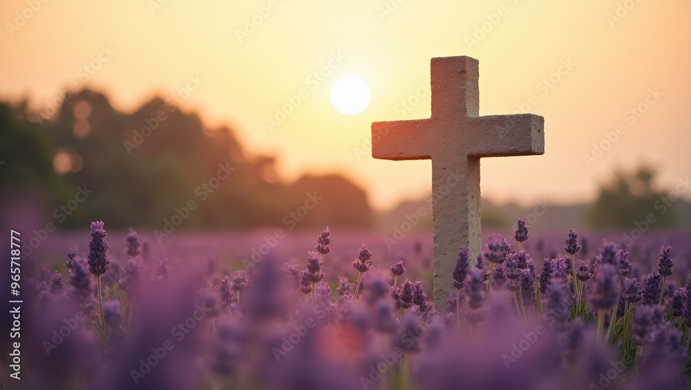 Sandstone cross in lavender field at sunset serene and contemplative scene Sandstone cross in lavender field at sunset serene and contemplative scene