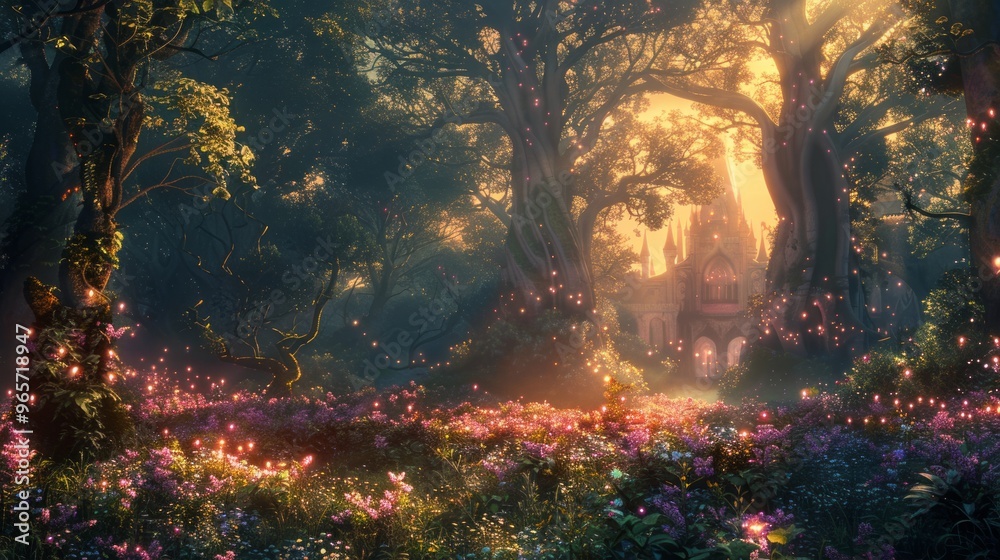 Magical forest at sunset with vibrant flowers and a mystical cottage nestled among ancient trees Magical forest at sunset with vibrant flowers and a mystical cottage nestled among ancient trees