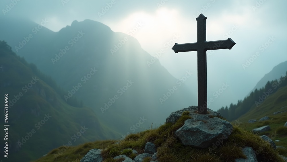 Misty mountain iron cross with moss illuminated by a sacred beam of light Misty mountain iron cross with moss illuminated by a sacred beam of light