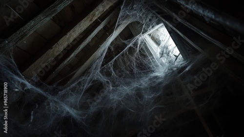 Spooky attic filled with cobwebs and light coming from a window photo