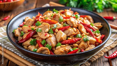 Tender chicken stir-fried with peanuts and chili peppers.