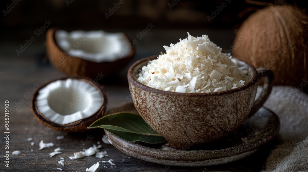 Coconut flakes in wooden bowl closeup view