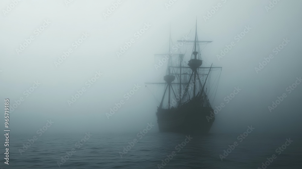 Ghost ship sailing through a foggy sea, eerie and mysterious. Ghost ship sailing through a foggy sea, eerie and mysterious.