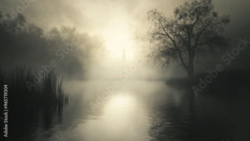 Ghostly figure floating above a foggy pond in eerie silence.