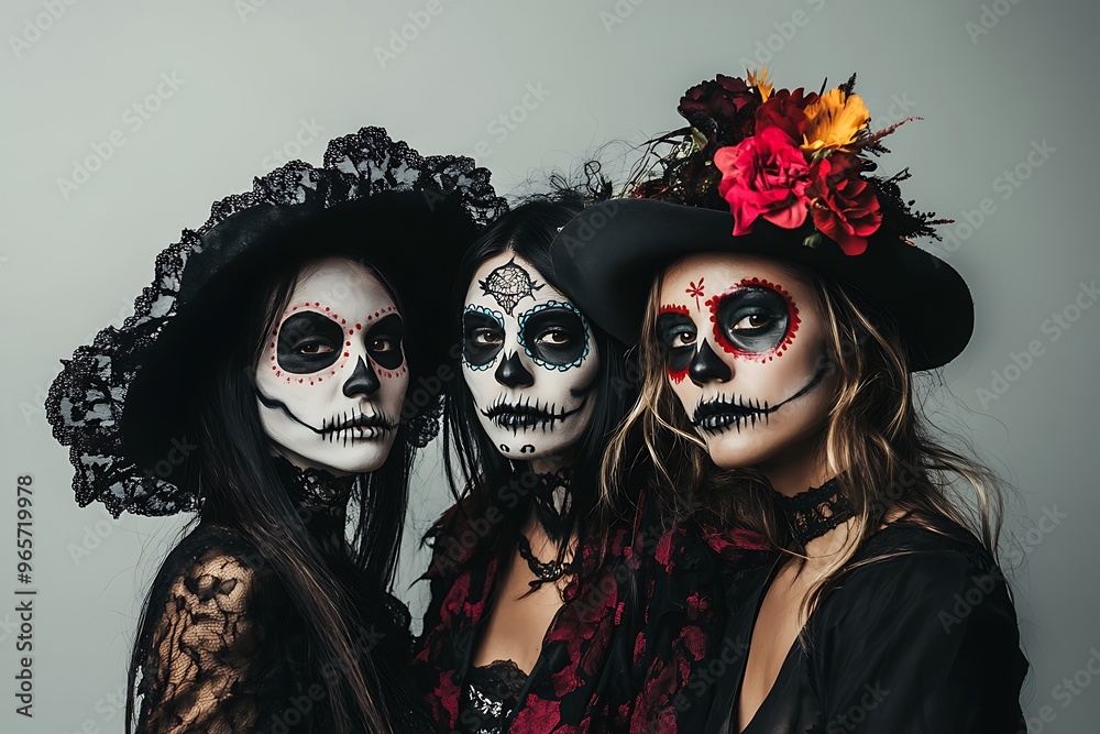 Fototapeta premium young woman with skull makeup on day of dead holiday