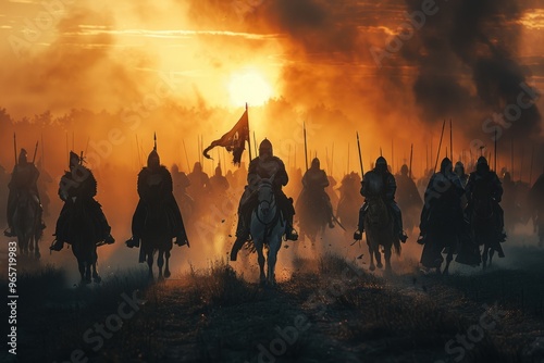 Massive cavalry charge at sunset with riders bearing flags, creating a dramatic silhouette against the fiery sky photo