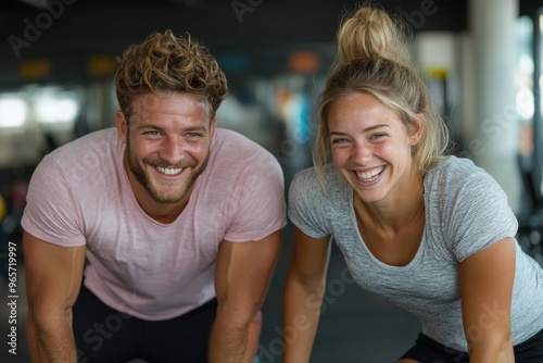 A cheerful couple, dressed in sportswear, enjoy a workout session together at the gym, their enthusiastic expressions capturing a shared love for fitness and healthy living.