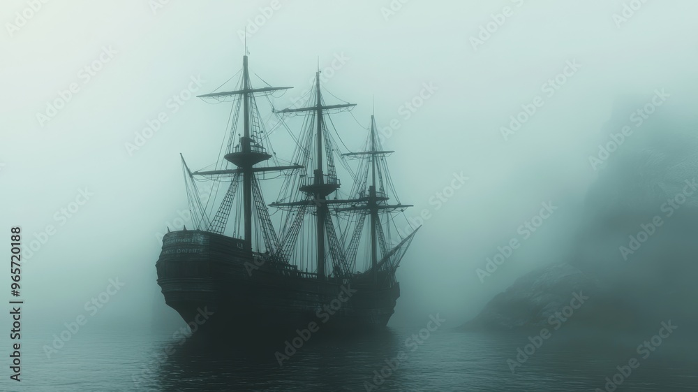 Haunted ship sailing through a foggy sea, eerie and mysterious Haunted ship sailing through a foggy sea, eerie and mysterious