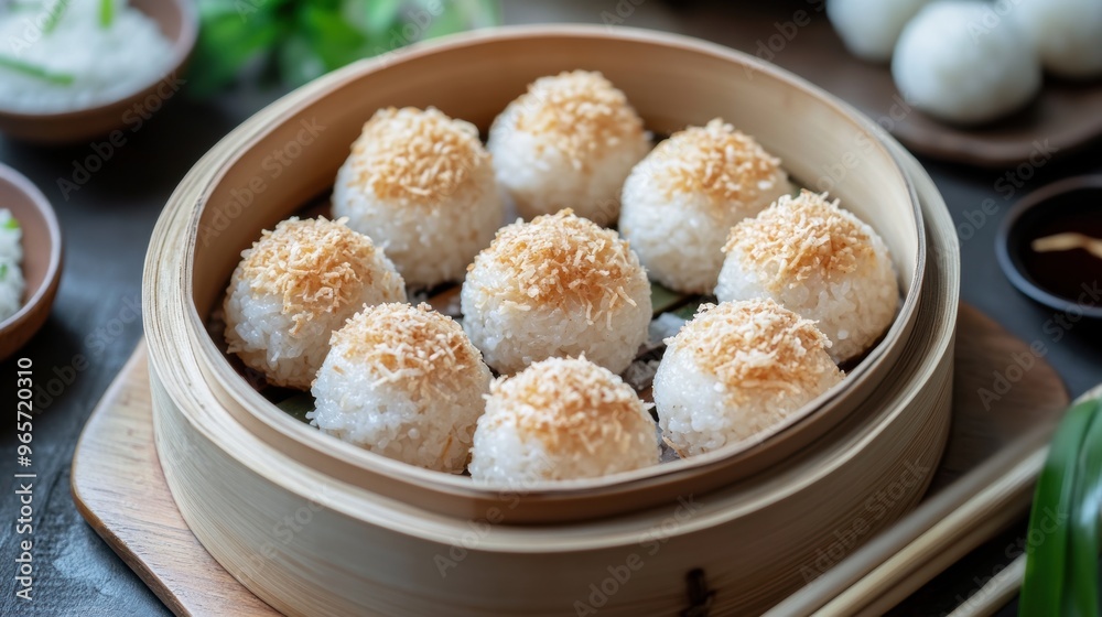 Rice ball with coconut flake in steamer Rice ball with coconut flake in steamer