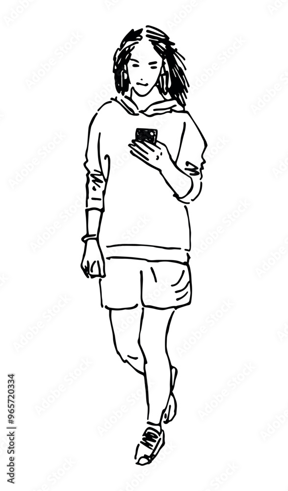Contour drawing of young teen girl with smartphone walking outdoors on summer day,realistic vector sketch isolated on white Contour drawing of young teen girl with smartphone walking outdoors on summer day,realistic vector sketch isolated on white
