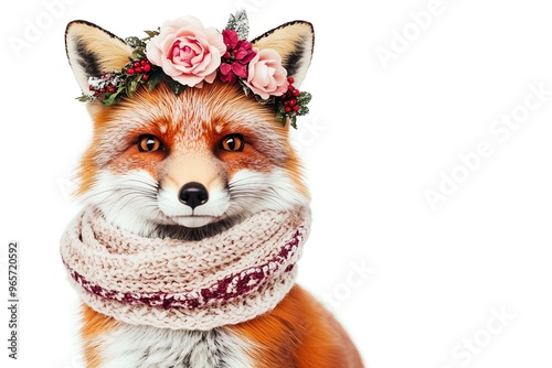 Whimsical fox adorned with a floral crown and scarf, showcasing charm and artistry in a playful animal portrait. photo