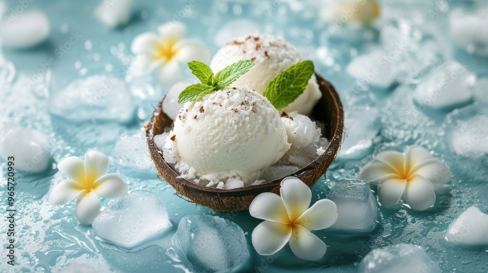 Fototapeta premium Coconut ice cream in bowl with ice