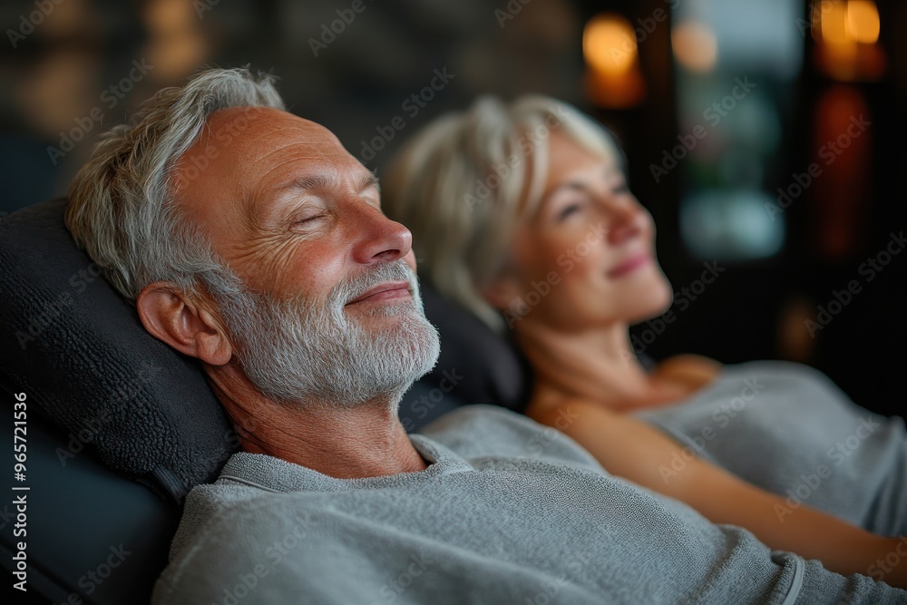 An elderly couple in gray casual attire is comfortably seated in plush spa chairs, enjoying a calm and soothing environment with a blurred background of warm ambient lighting. An elderly couple in gray casual attire is comfortably seated in plush spa chairs, enjoying a calm and soothing environment with a blurred background of warm ambient lighting.