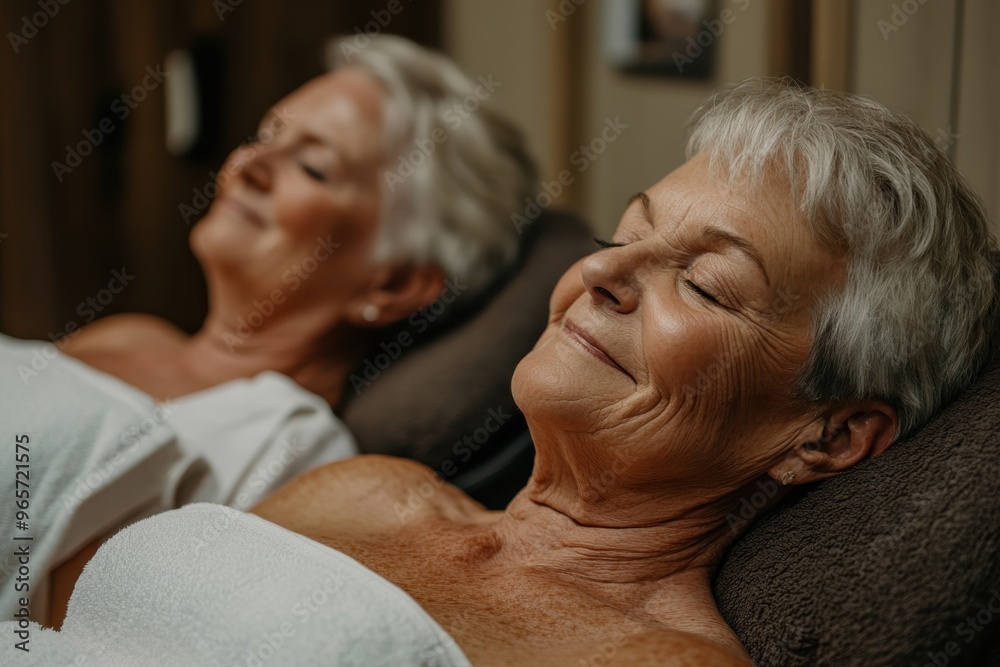 Two elderly women wearing towels are lying down in a tranquil spa setting, experiencing a peaceful and rejuvenating moment with a relaxed atmosphere and soothing environment.