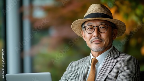 A gentleman dressed in a checkered suit and straw hat with glasses, exuding an intellectual vibe. Sits before a laptop with green foliage blurring in the background. photo