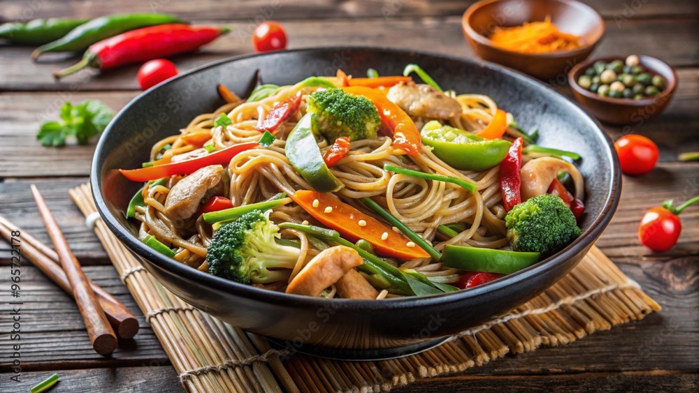 A bowl of stir-fried noodles with vegetables and protein. A bowl of stir-fried noodles with vegetables and protein.