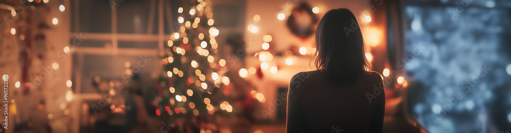 Fototapeta premium The back view of a woman during the Christmas season, standing in a room decorated with bright holiday lights, capturing the warmth and magic of the celebration.