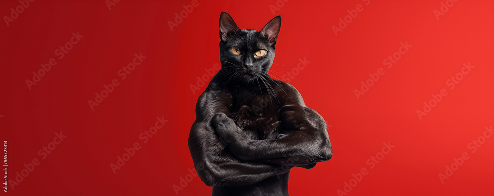 Black Cat in Superhero Pose on Red Background Black Cat in Superhero Pose on Red Background