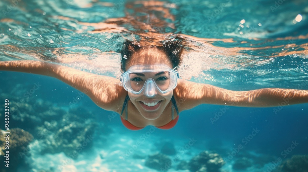 Naklejka premium Woman Snorkeling Underwater in Clear Blue Water