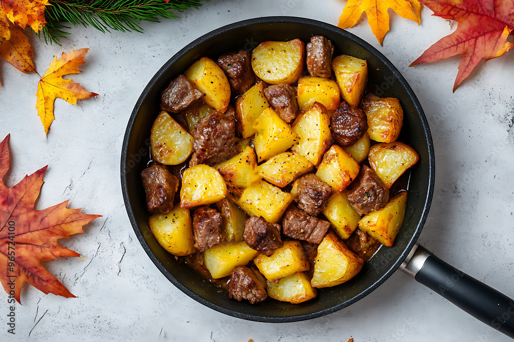 top view of fried potatoes with beef in a frying pan top view of fried potatoes with beef in a frying pan