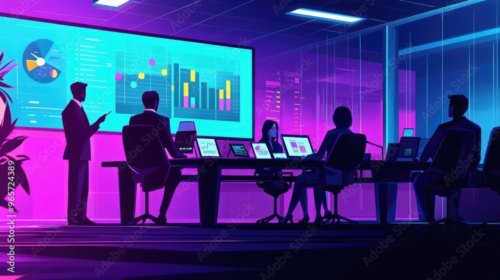 Business team discussing financial charts during important corporate meeting Business team discussing financial charts during important corporate meeting