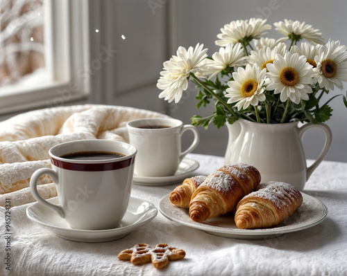 coffee, coffee pot, vase, flowers - anemones, snow-white background, tablecloth and white dishes, candies, pretzels, croissants, milk jug, beautiful lace tablecloth, book, all in snow-white