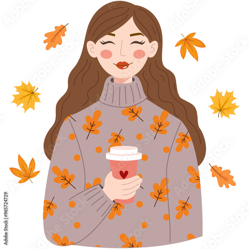 Cute girl with coffee in hands. Hygge concept vector flat illustration