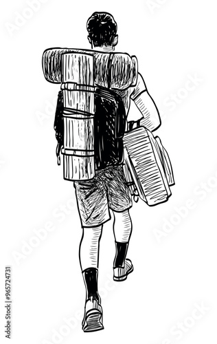 Sketch of young tourist with backpack, bundles, bags, tent walking on hike, rear view, realistic hand drawn vector illustration isolated on white