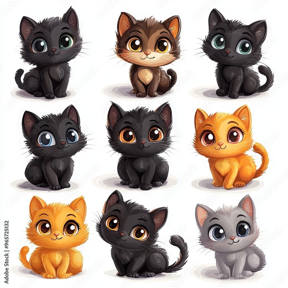 Cute kitten characters in various colors and poses on white background Cute kitten characters in various colors and poses on white background
