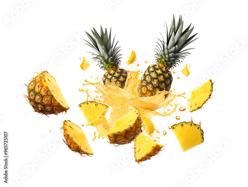 Falling Pineapple slices isolated on Transparent background, full depth of field, lipping path,pineapple in full depth of field, Falling candied fruit, Cut pineapple on transparent background, ring,Ai photo