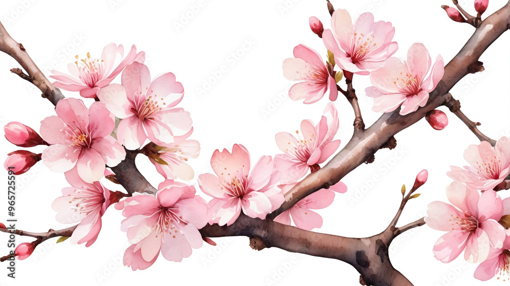 Blooming Sakura cherry blossom tree branch, pink flowers, vibrant watercolor illustration on white background Blooming Sakura cherry blossom tree branch, pink flowers, vibrant watercolor illustration on white background
