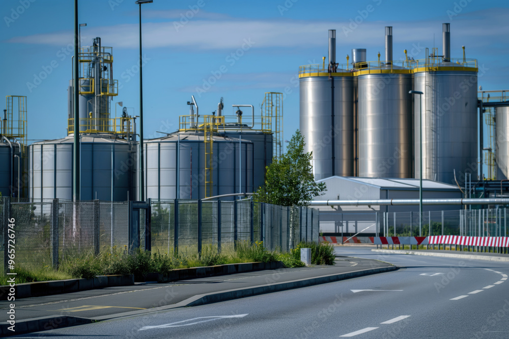Large, cylindrical chemical storage tanks are standing tall against a bright blue sky, showcasing an industrial scene Large, cylindrical chemical storage tanks are standing tall against a bright blue sky, showcasing an industrial scene