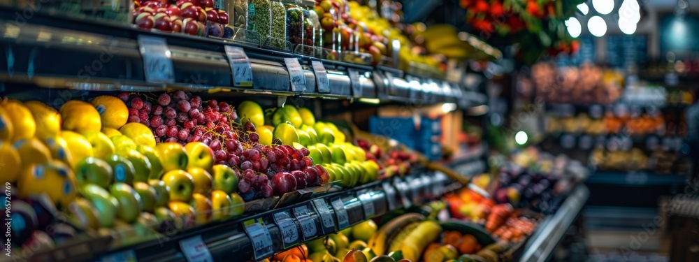 Supermarket fruit aisle with fresh produce neatly displayed Supermarket fruit aisle with fresh produce neatly displayed