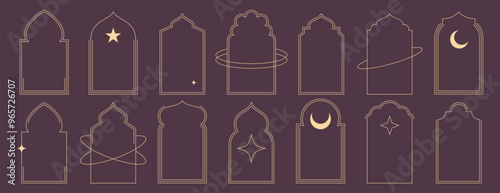 Set of islamic frame shapes. Trendy boho thin line art arabic arches. Geometric minimalist aesthetic linear window, simple border, arabian mosque arcs with stars, crescent. Eid mubarak door silhouette