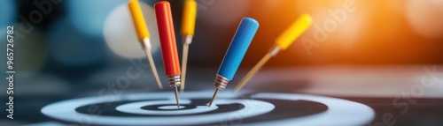 A close-up view of colorful darts hitting a bullseye, symbolizing precision and success in target-oriented activities. photo