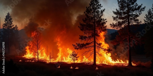 A forest fire burns intensely, threatening tall trees.