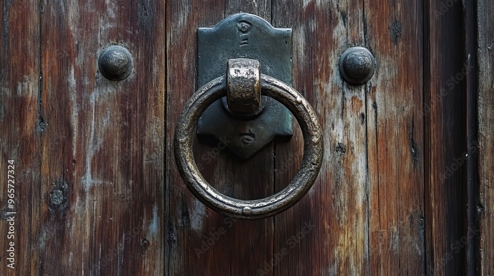 Metal ring door knocker on a medieval wooden door Metal ring door knocker on a medieval wooden door
