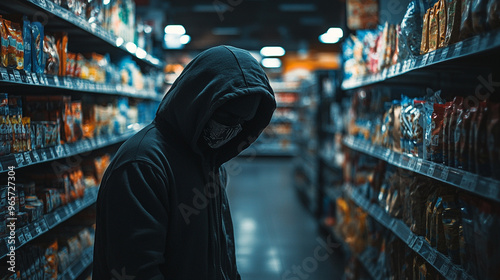 hooded silhouette of criminal with hood up stealing from store photo