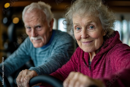 An elderly couple is seen staying active at a modern gym, committed to their fitness routines and showing the importance of physical health and activity in their later years. photo