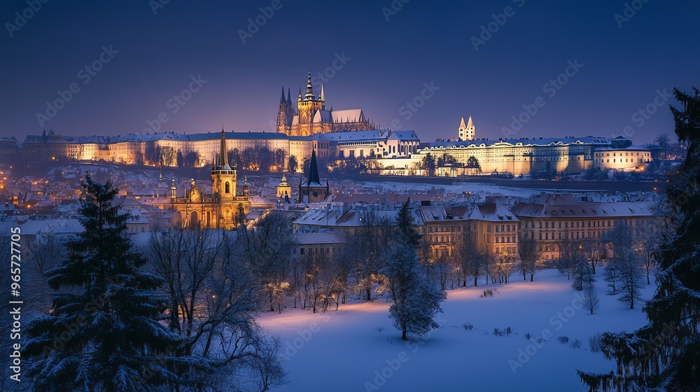 Obraz premium Prague Castle and St. Vitus Cathedral illuminated at night on a winter evening, viewed from Strahov Monastery.