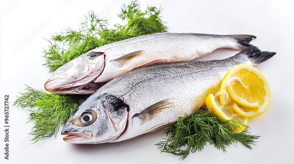 Raw fish garnished with lemon and dill, isolated on a white background Raw fish garnished with lemon and dill, isolated on a white background