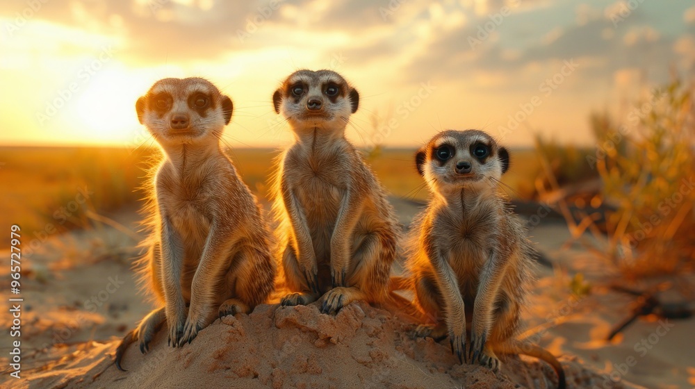Curious Meerkats Standing on Hind Legs on Sandy Hill Looking Away Curious Meerkats Standing on Hind Legs on Sandy Hill Looking Away