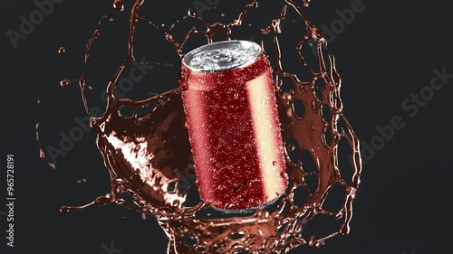 Soda can falling water splash slow motion, depth of field