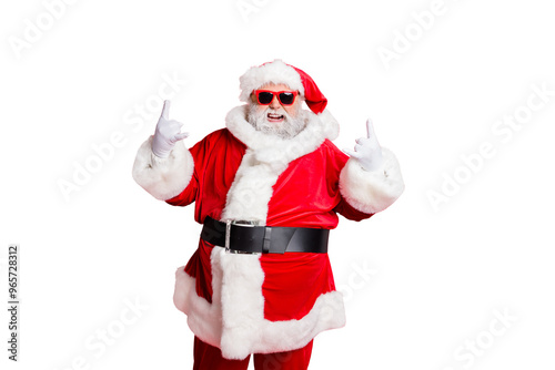 Portrait of his he cheerful cheery confident naughty fat overweight plump gray-haired bearded man St Nicholas having fun time showing horn sign symbol isolated over bright vivid shine red background photo